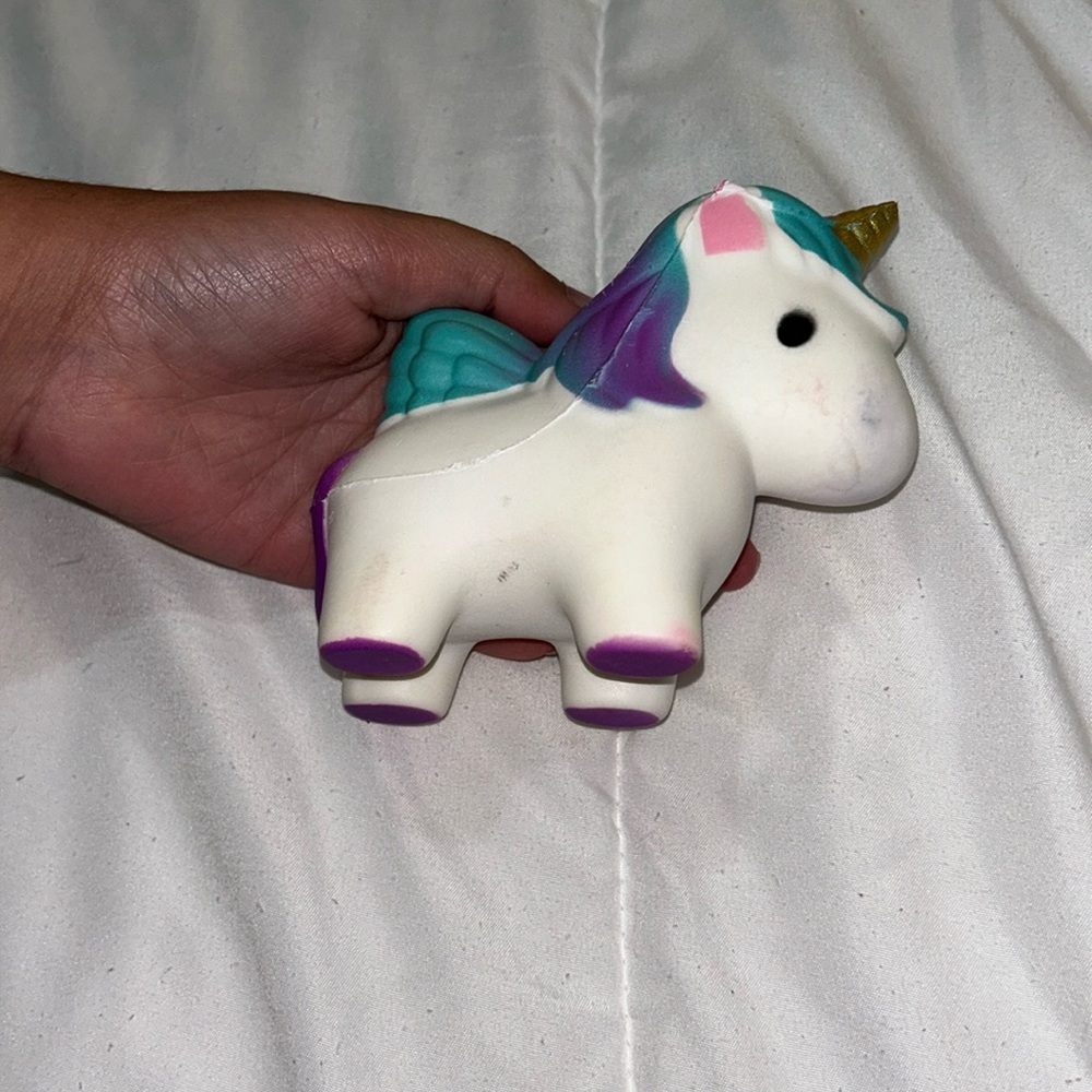 Small stains on face and stomach. It is a cute unicorn squishy.